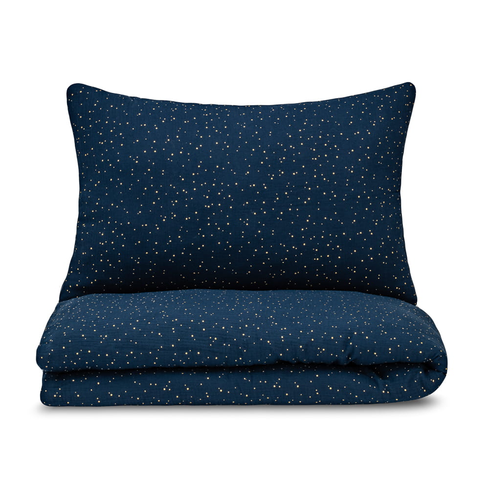 Musselin-Bettwäsche für Kinder - Marineblau mit goldenen Punkten